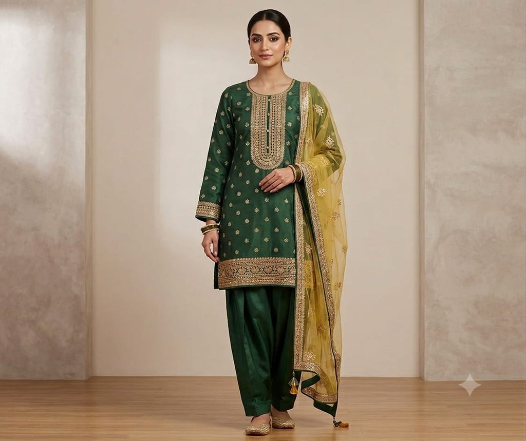 SALWAR SUIT  GREEN COLOUR PURE BANARSI SHORT LENGTH SUIT WITH WORK ON NECKLINE  AND SLEEVES
