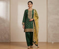 SALWAR SUIT  GREEN COLOUR PURE BANARSI SHORT LENGTH SUIT WITH WORK ON NECKLINE  AND SLEEVES