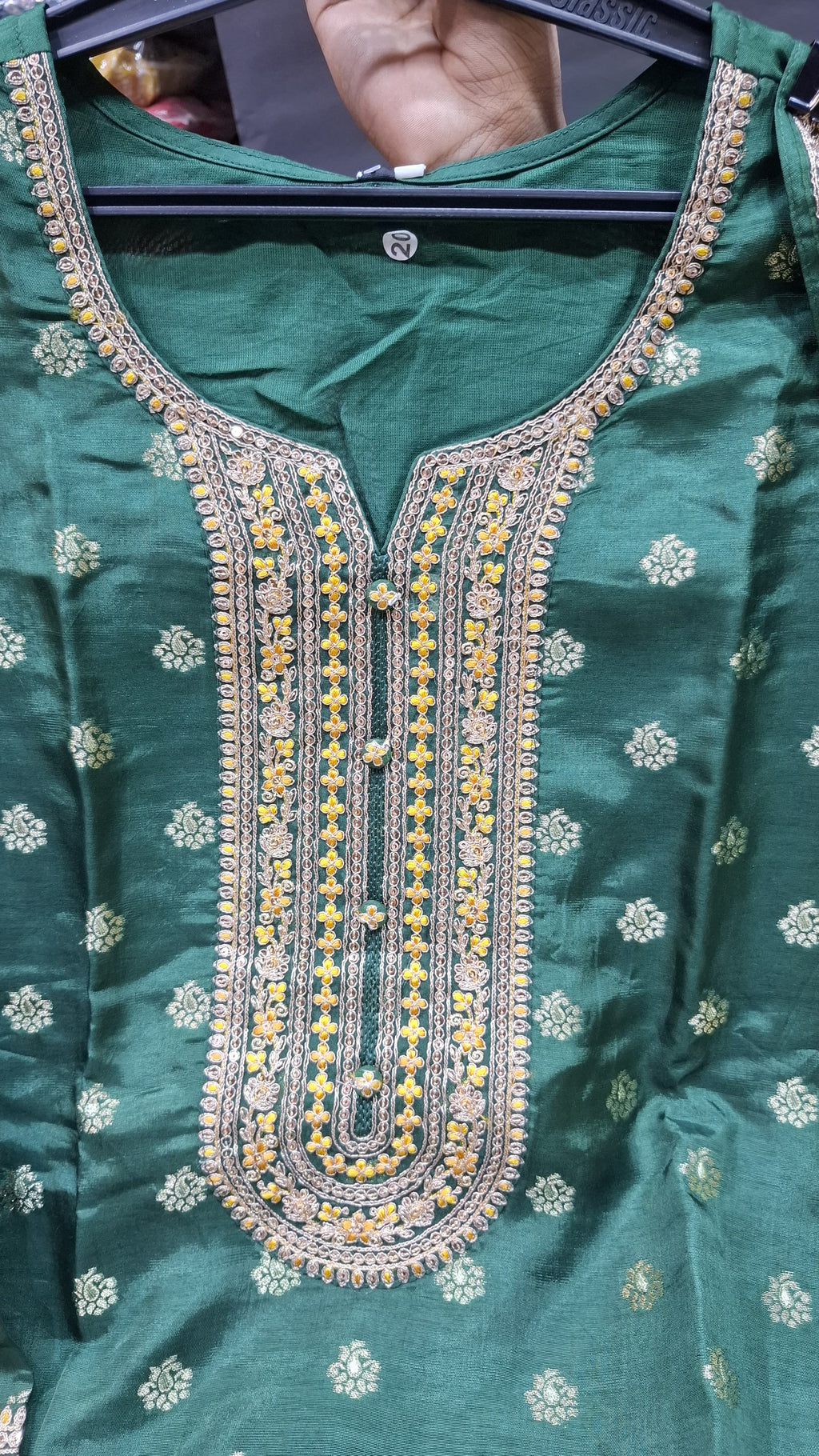 SALWAR SUIT  GREEN COLOUR PURE BANARSI SHORT LENGTH SUIT WITH WORK ON NECKLINE  AND SLEEVES