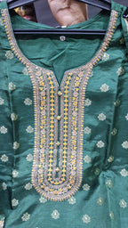 SALWAR SUIT  GREEN COLOUR PURE BANARSI SHORT LENGTH SUIT WITH WORK ON NECKLINE  AND SLEEVES
