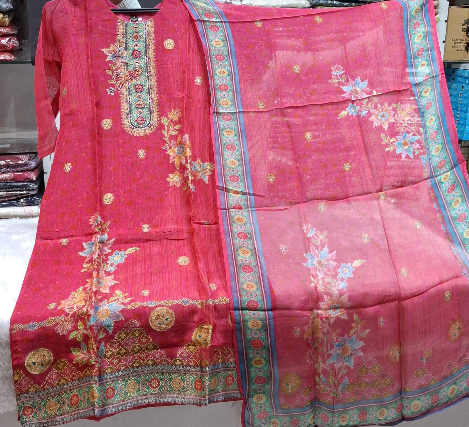 PURE BANARSI SUIT WITH MOTI WORK  ON NECK