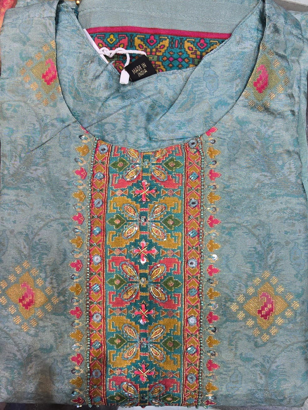 PURE BANARSI SUIT IN LIGHT PINK COLOUR WITH MOTI WORK ON NECK