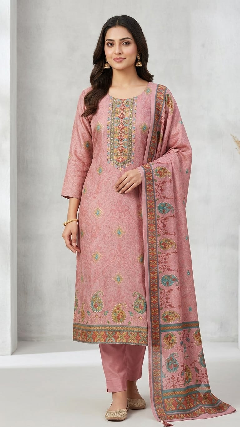 PURE BANARSI SUIT IN LIGHT PINK COLOUR WITH MOTI WORK ON NECK