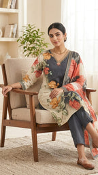 PURE CREPE PRINTED  SUIT WITH WORK ON NECK