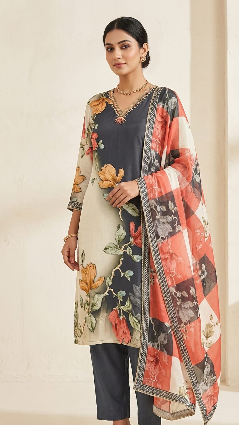 PURE CREPE PRINTED  SUIT WITH WORK ON NECK