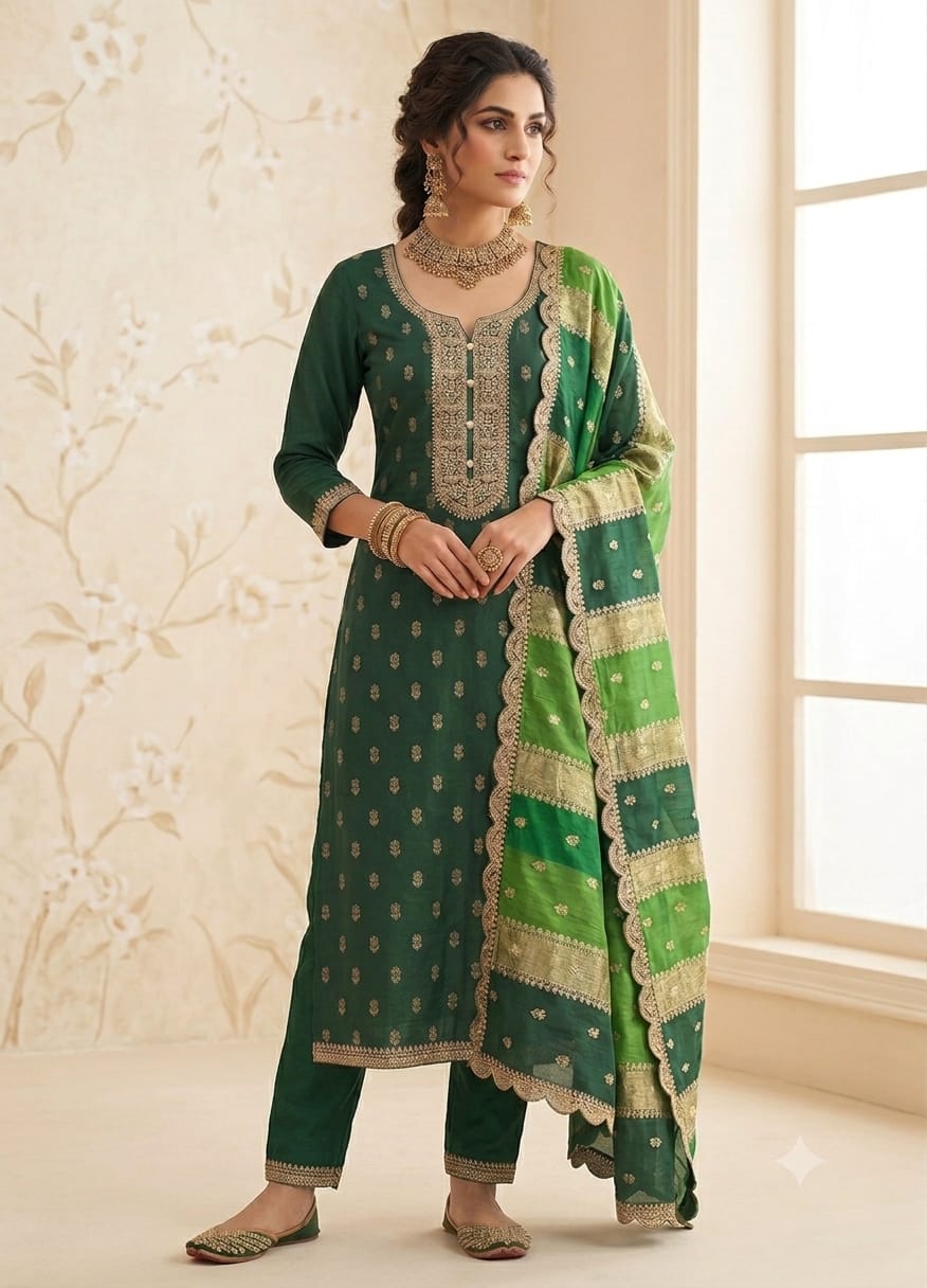 PURE BANARSI SUIT WITH WORK ON WORK ON NECK LINE AND HEMLINE