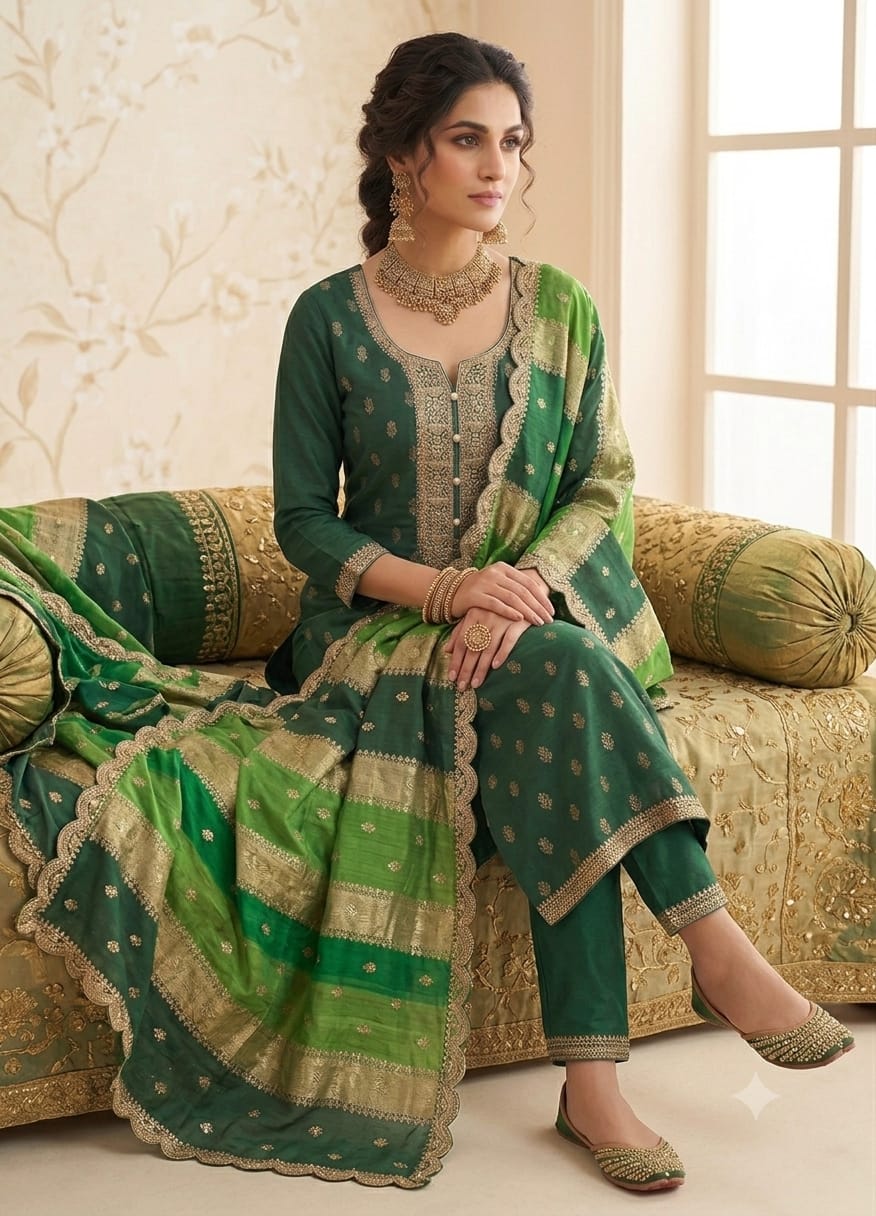 PURE BANARSI SUIT WITH WORK ON WORK ON NECK LINE AND HEMLINE