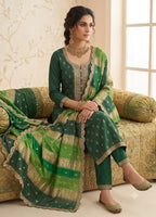 PURE BANARSI SUIT WITH WORK ON WORK ON NECK LINE AND HEMLINE