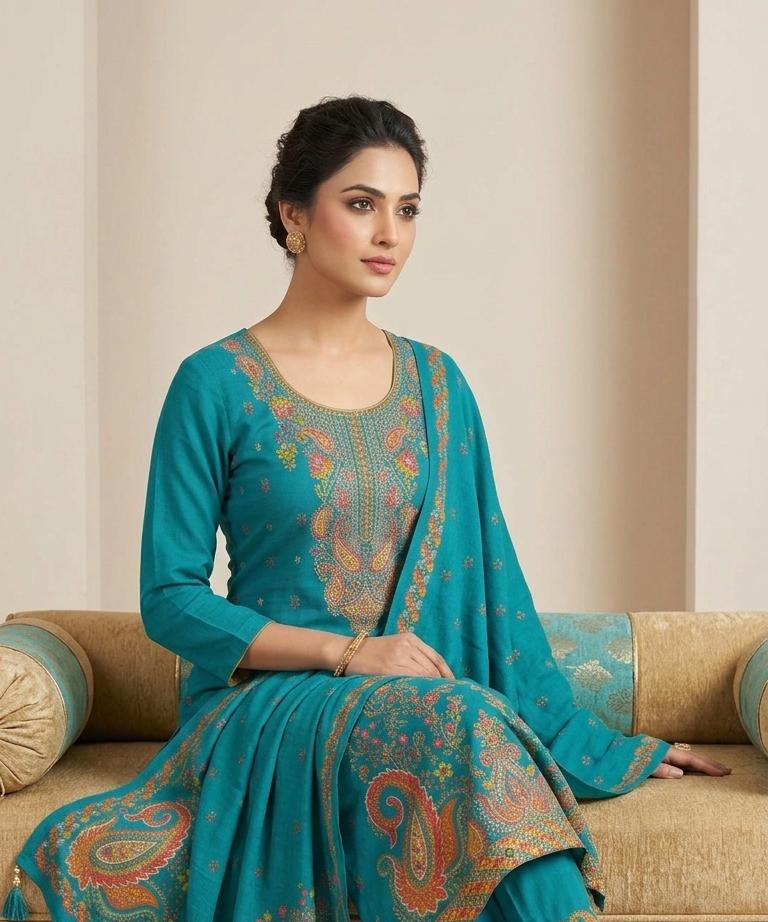 PURE BANARSI SUIT WITH WORK ON NECK LINE