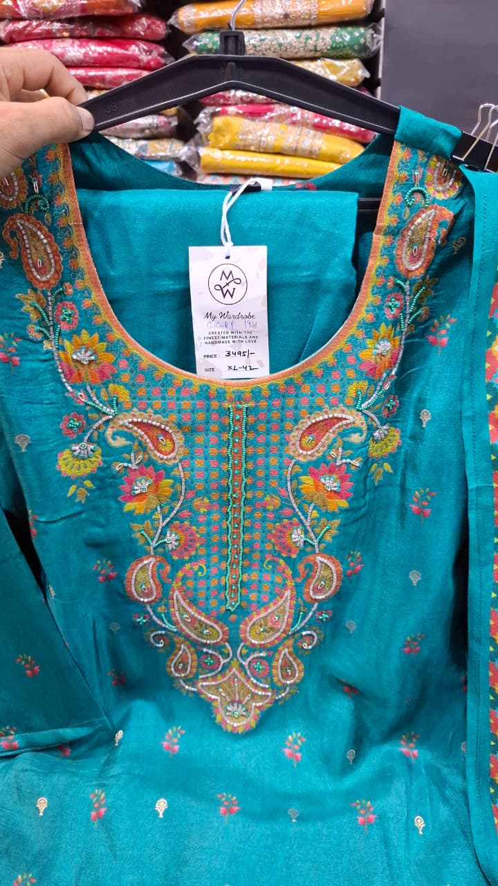 PURE BANARSI SUIT WITH WORK ON NECK LINE