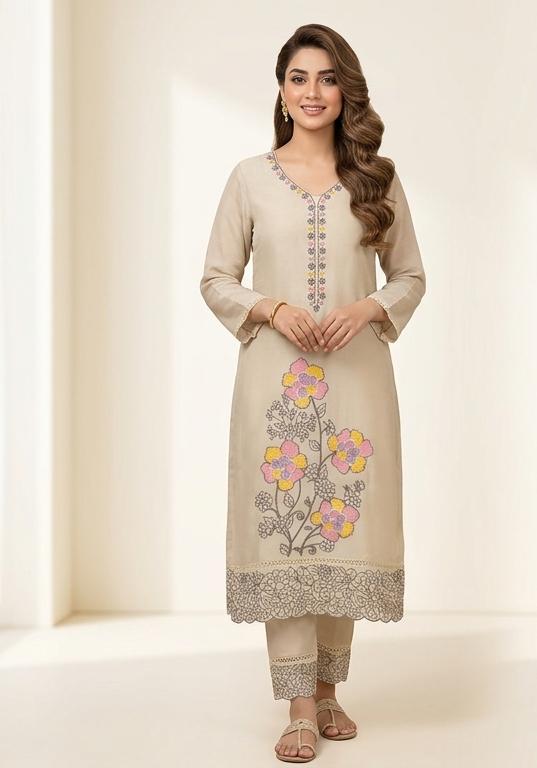 SOFT ORGANZA  SUIT WITH THREAD WORK ON NECK FLORAL WORK SCALPING  WORK ON HEMLINE  WITH EMBROIDERY