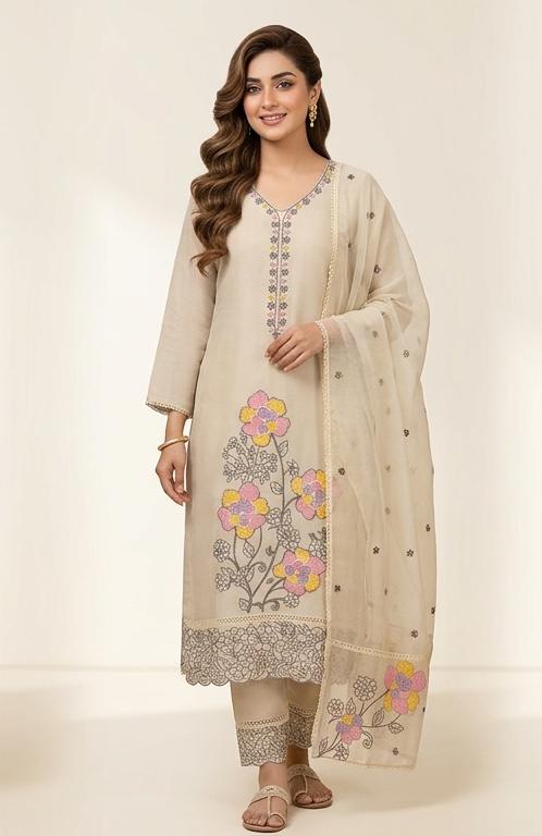 SOFT ORGANZA  SUIT WITH THREAD WORK ON NECK FLORAL WORK SCALPING  WORK ON HEMLINE  WITH EMBROIDERY