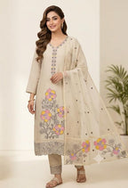SOFT ORGANZA  SUIT WITH THREAD WORK ON NECK FLORAL WORK SCALPING  WORK ON HEMLINE  WITH EMBROIDERY
