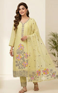 SOFT ORGANZA  SUIT WITH THREAD WORK ON NECK FLORAL WORK SCALPING  WORK ON HEMLINE  WITH EMBROIDERY