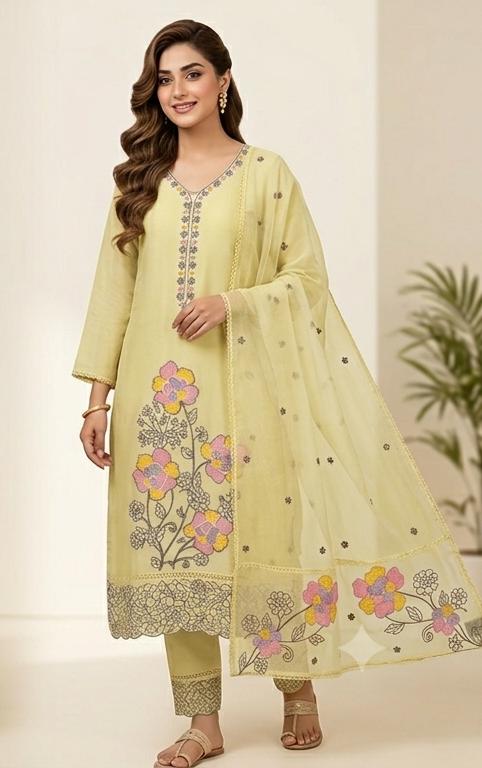 SOFT ORGANZA  SUIT WITH THREAD WORK ON NECK FLORAL WORK SCALPING  WORK ON HEMLINE  WITH EMBROIDERY