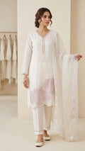 OFF WHITE COLOUR  ORGANZA  SUIT WITH BEAUTIFUL SEQUENCE  WORK NECKLINE  AND BUTTERLIES WITH SEQUENCE ON HEMLINE