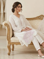 OFF WHITE COLOUR  ORGANZA  SUIT WITH BEAUTIFUL SEQUENCE  WORK NECKLINE  AND BUTTERLIES WITH SEQUENCE ON HEMLINE