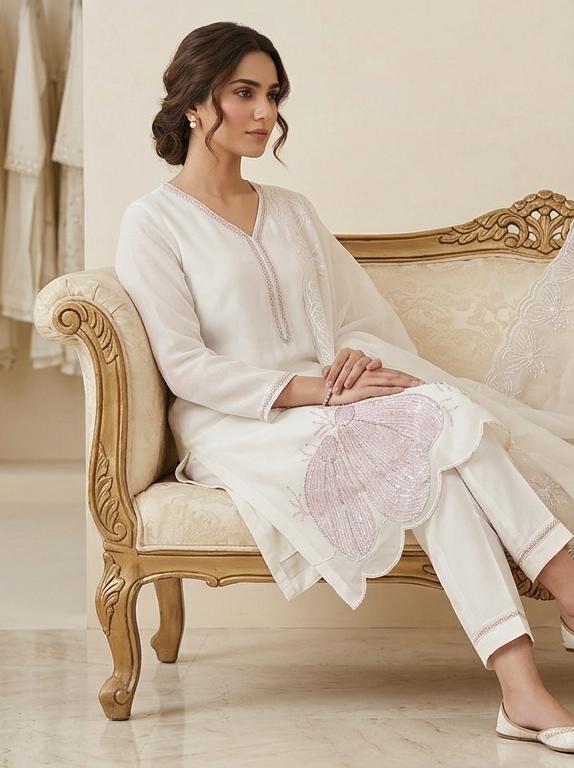 OFF WHITE COLOUR  ORGANZA  SUIT WITH BEAUTIFUL SEQUENCE  WORK NECKLINE  AND BUTTERLIES WITH SEQUENCE ON HEMLINE