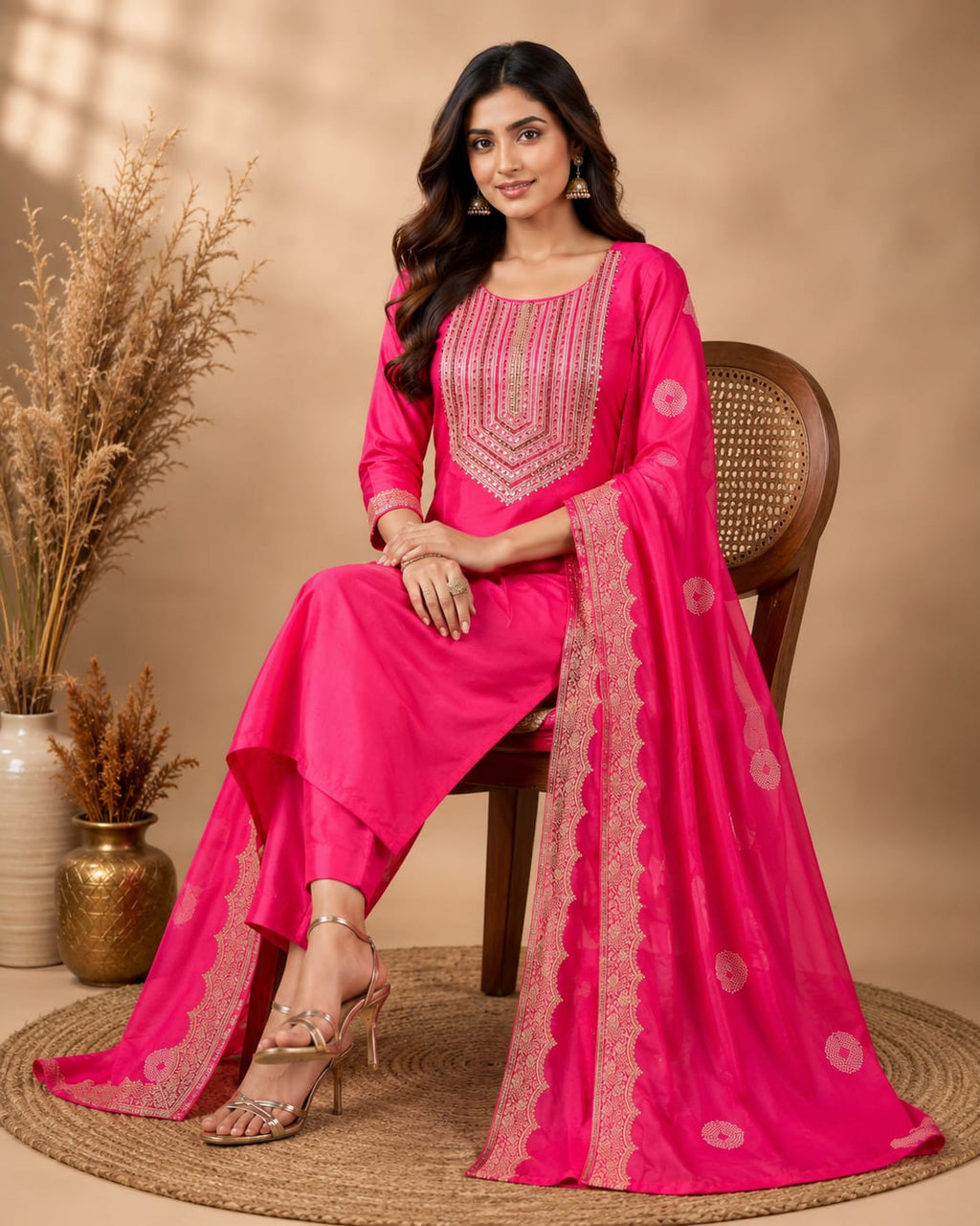 HOT PINK COLOUR CHINNON SUIT WITH EMBROIDERY  ON NECKLINE