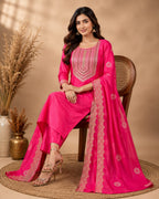 HOT PINK COLOUR CHINNON SUIT WITH EMBROIDERY  ON NECKLINE