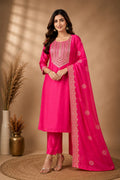HOT PINK COLOUR CHINNON SUIT WITH EMBROIDERY  ON NECKLINE