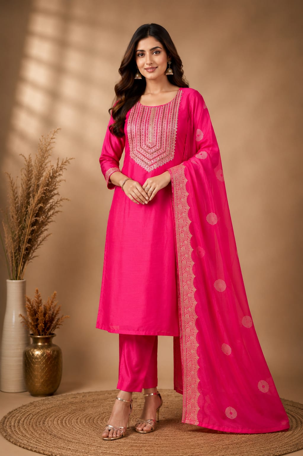 HOT PINK COLOUR CHINNON SUIT WITH EMBROIDERY  ON NECKLINE