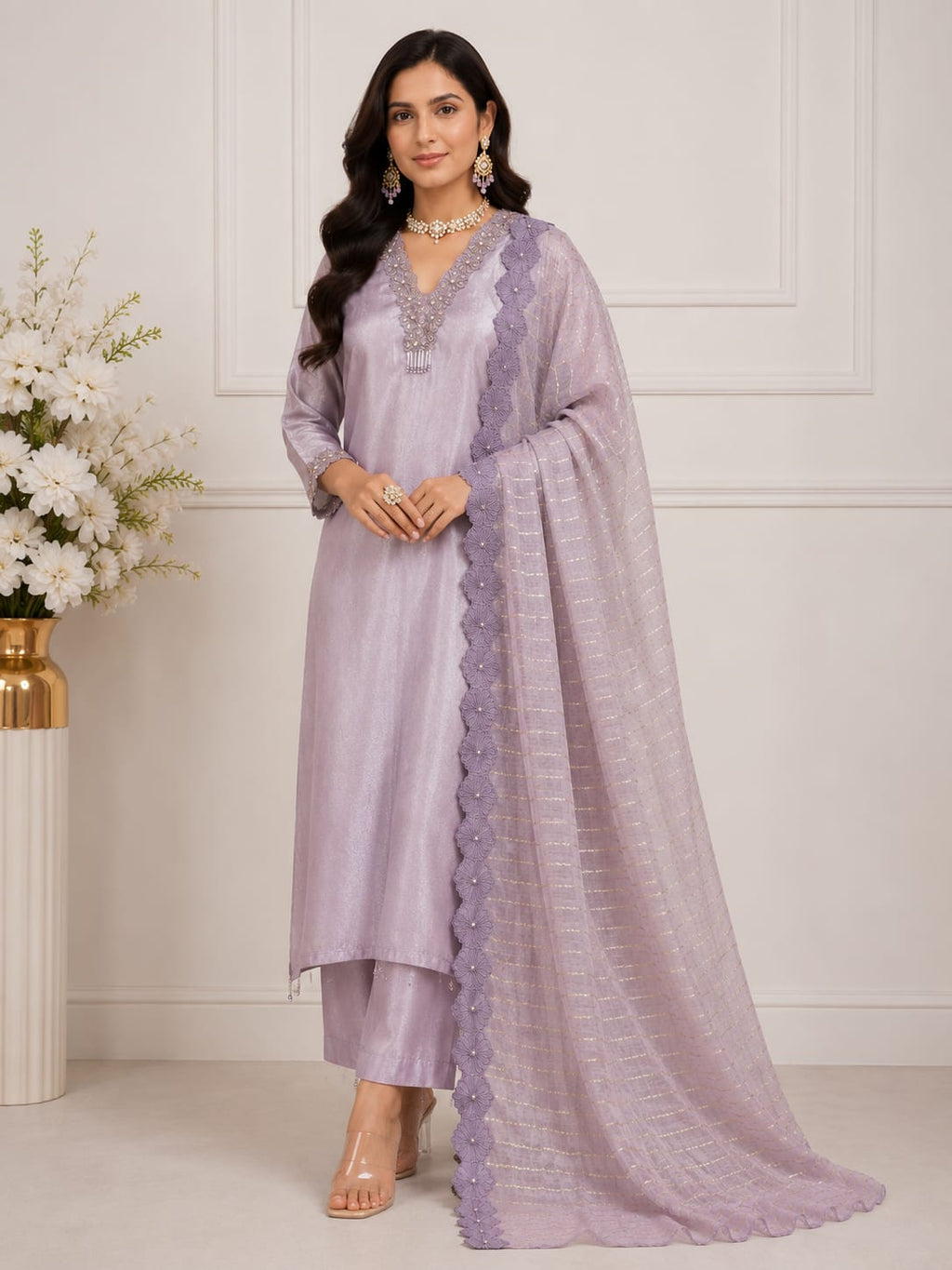 SHIMMER  ORGANZA  SUIT WITH EMBROIDERY ON NECK WORK