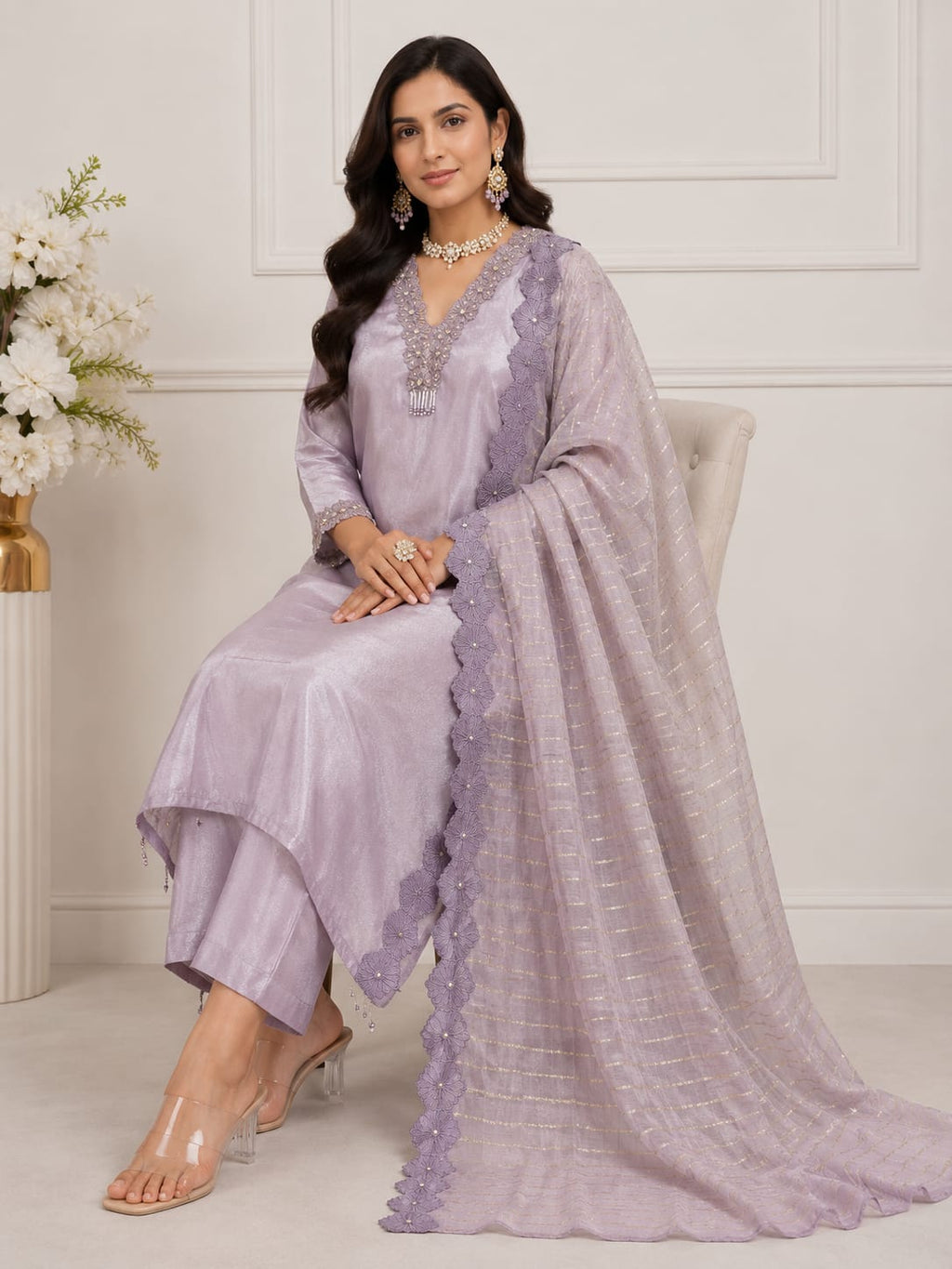 SHIMMER  ORGANZA  SUIT WITH EMBROIDERY ON NECK WORK