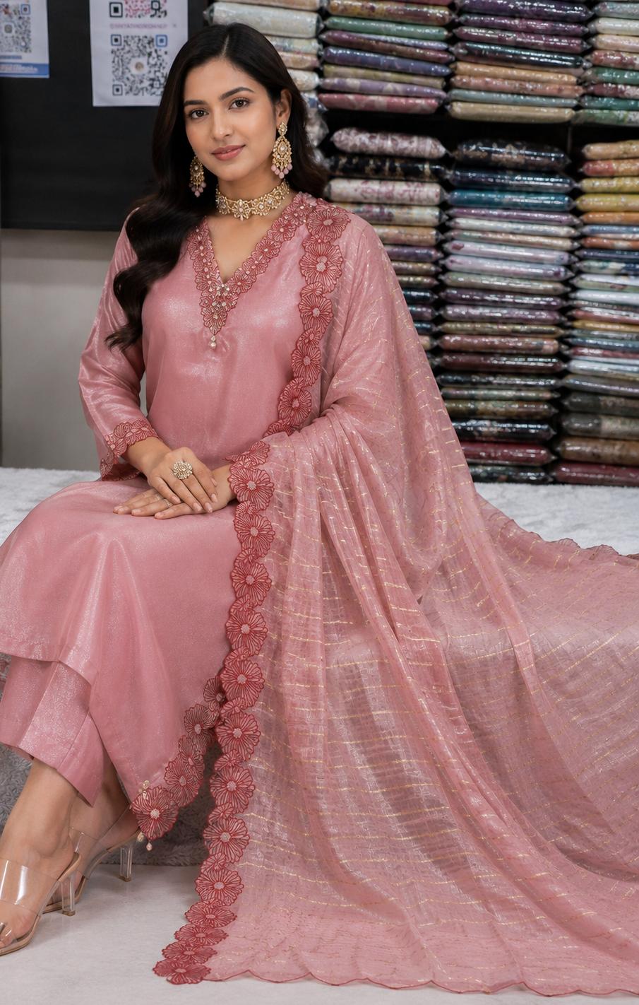 SHIMMER  ORGANZA  SUIT WITH EMBROIDERY ON NECK WORK