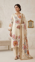 OFFWHITE  COLOUR PURE CREPE  SUIT  WITH FLORAL EMBROIDERY  WITY SEQUENCE AND MIRROR WORK