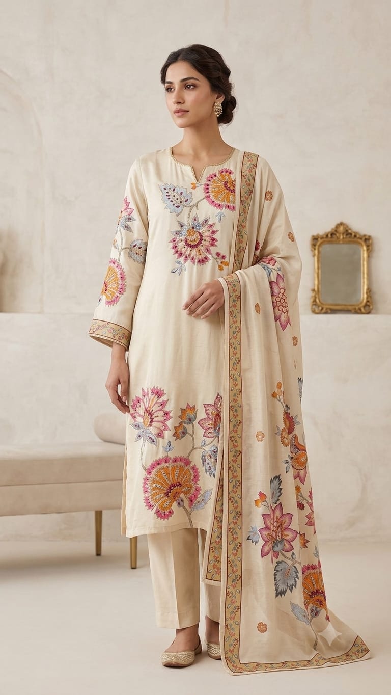 OFFWHITE  COLOUR PURE CREPE  SUIT  WITH FLORAL EMBROIDERY  WITY SEQUENCE AND MIRROR WORK