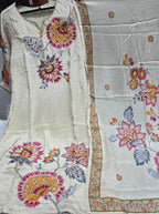 OFFWHITE  COLOUR PURE CREPE  SUIT  WITH FLORAL EMBROIDERY  WITY SEQUENCE AND MIRROR WORK