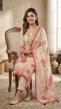 OFFWHITE SHIMMER FABRIC SUIT WITH EMBROIDERY  ON NECKLINE  AND PRINT ON HEMLINE