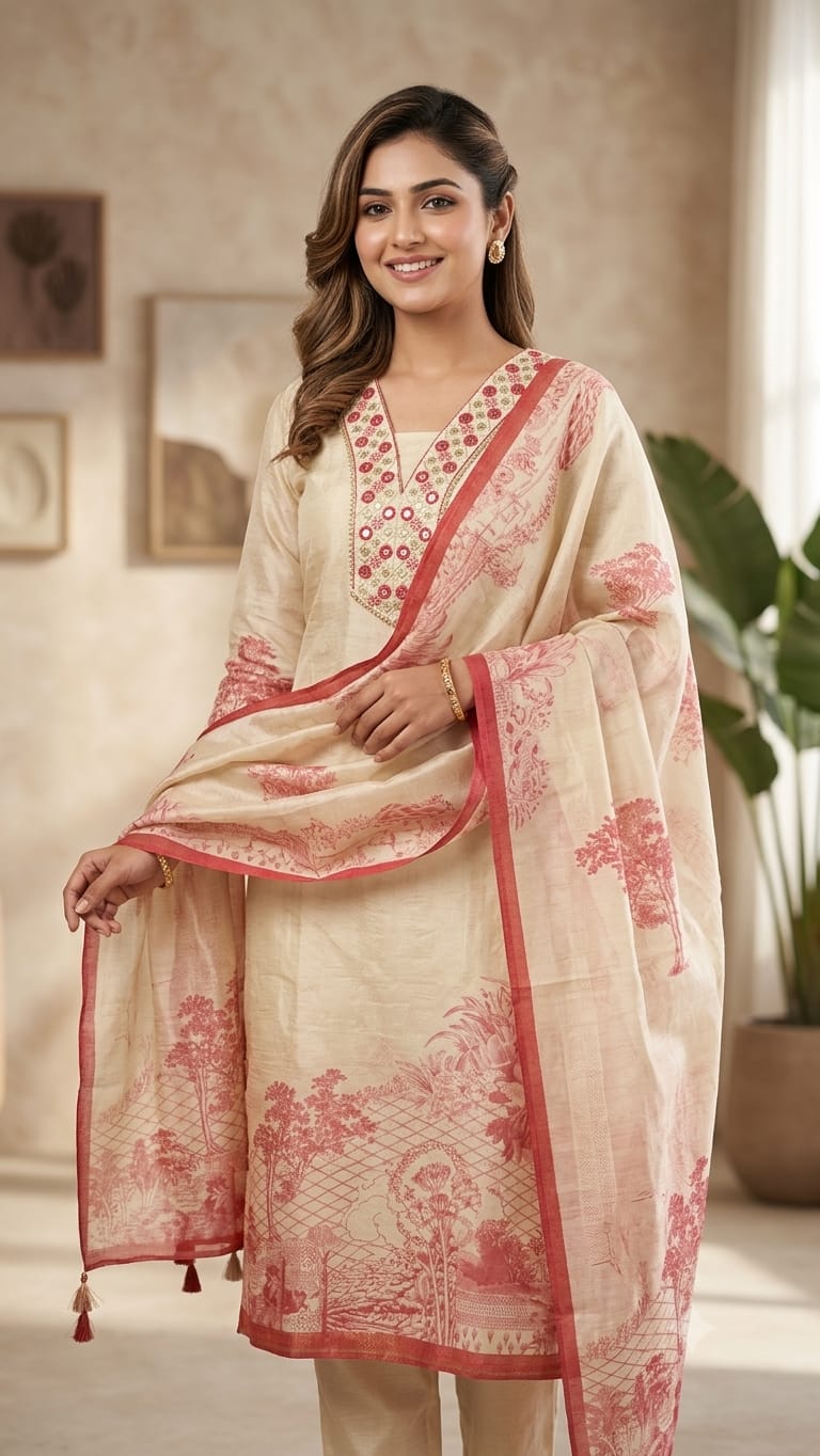 OFFWHITE SHIMMER FABRIC SUIT WITH EMBROIDERY  ON NECKLINE  AND PRINT ON HEMLINE