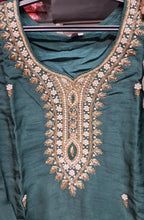 BOTTLE GREEN COLOUR DOLA SILK SUIT WITH HEAVY EMBROIDERY  OF MOTI AND DAPKA WORK ON NECK AND SMALL FLOWERS ON FULL SUIT
