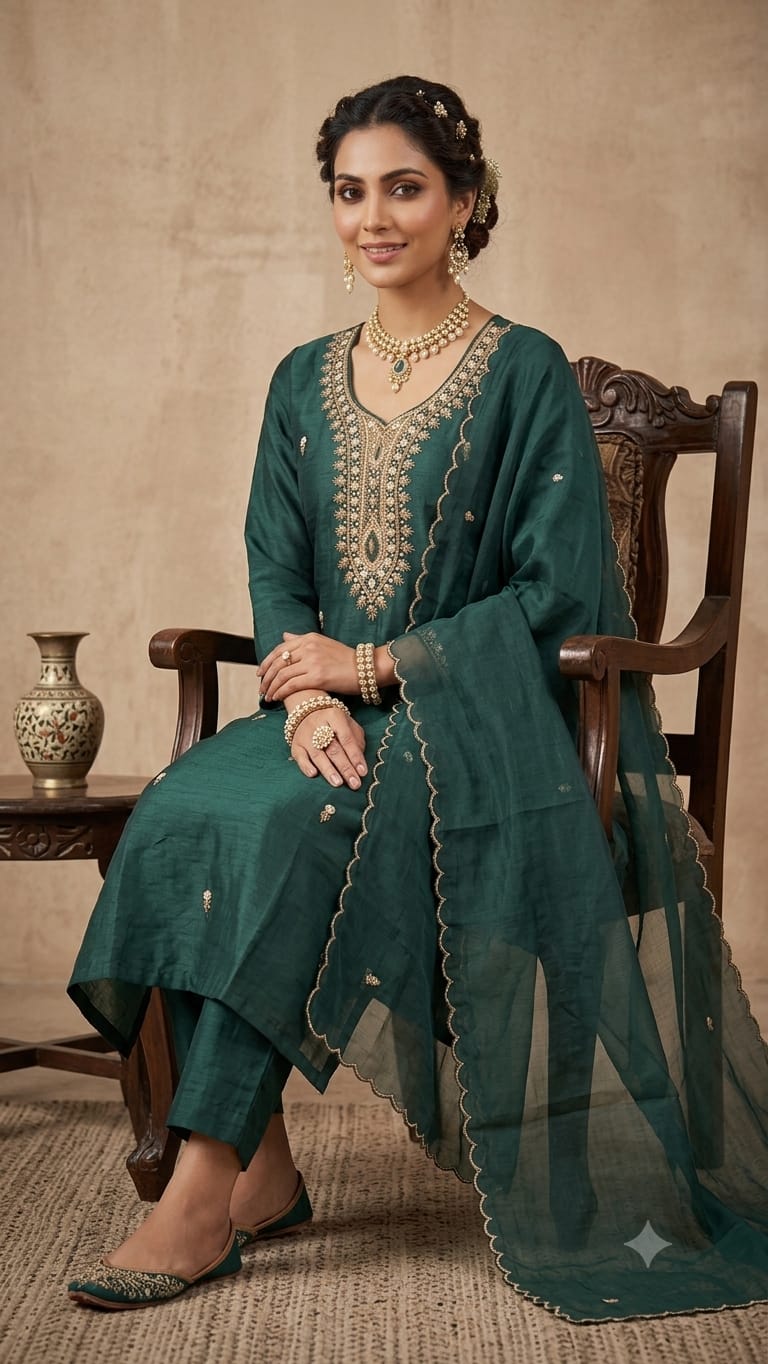 BOTTLE GREEN COLOUR DOLA SILK SUIT WITH HEAVY EMBROIDERY  OF MOTI AND DAPKA WORK ON NECK AND SMALL FLOWERS ON FULL SUIT