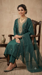 BOTTLE GREEN COLOUR DOLA SILK SUIT WITH HEAVY EMBROIDERY  OF MOTI AND DAPKA WORK ON NECK AND SMALL FLOWERS ON FULL SUIT