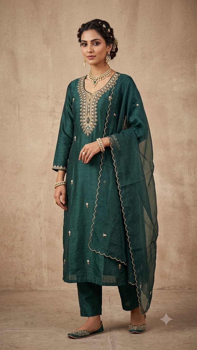 BOTTLE GREEN COLOUR DOLA SILK SUIT WITH HEAVY EMBROIDERY  OF MOTI AND DAPKA WORK ON NECK AND SMALL FLOWERS ON FULL SUIT