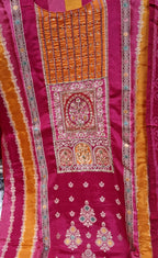 PINK AND ORANGE BANARSI FABRIC  SUIT WITH  WORK ON FULL PANNEL