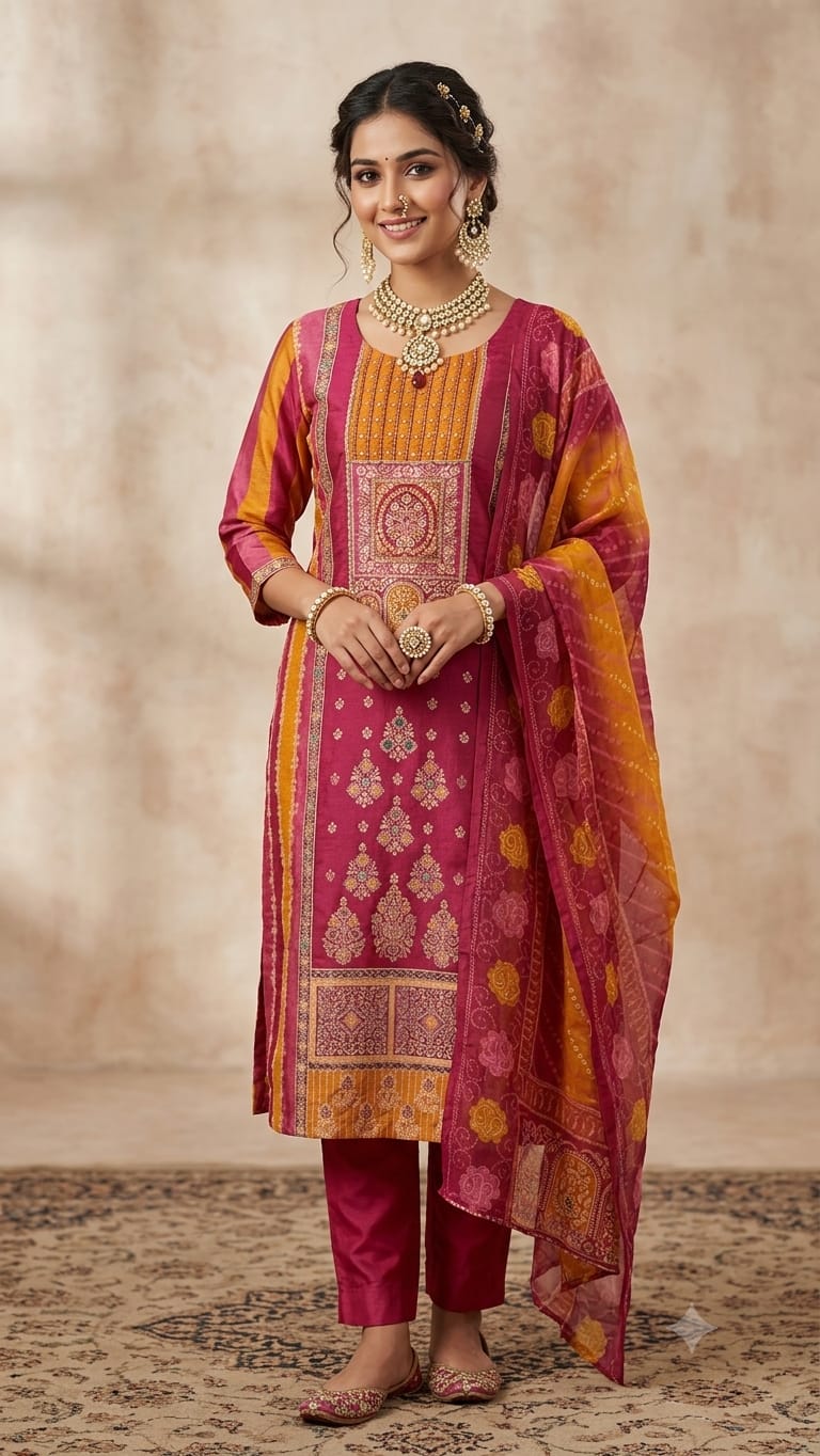 PINK AND ORANGE BANARSI FABRIC  SUIT WITH  WORK ON FULL PANNEL