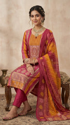 PINK AND ORANGE BANARSI FABRIC  SUIT WITH  WORK ON FULL PANNEL