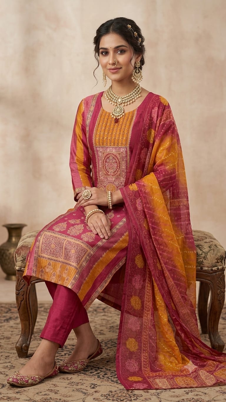 PINK AND ORANGE BANARSI FABRIC  SUIT WITH  WORK ON FULL PANNEL
