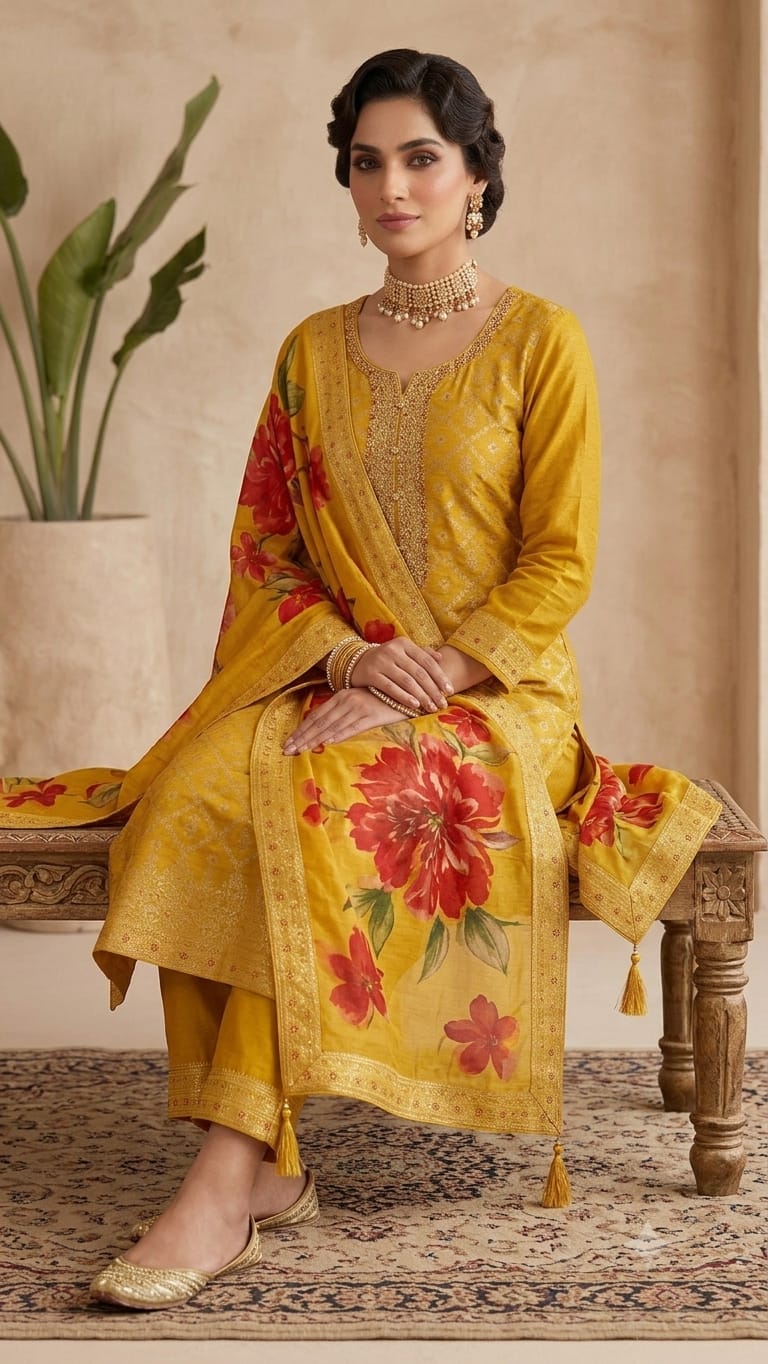 YELLOW BANARSI SUIT WITH WORK ON NECKLINE  AND SLEEVES