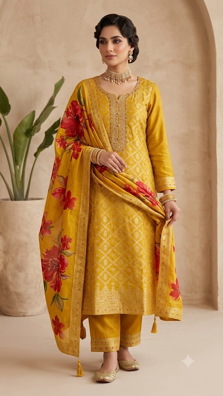 YELLOW BANARSI SUIT WITH WORK ON NECKLINE  AND SLEEVES