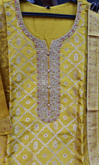YELLOW BANARSI SUIT WITH WORK ON NECKLINE  AND SLEEVES