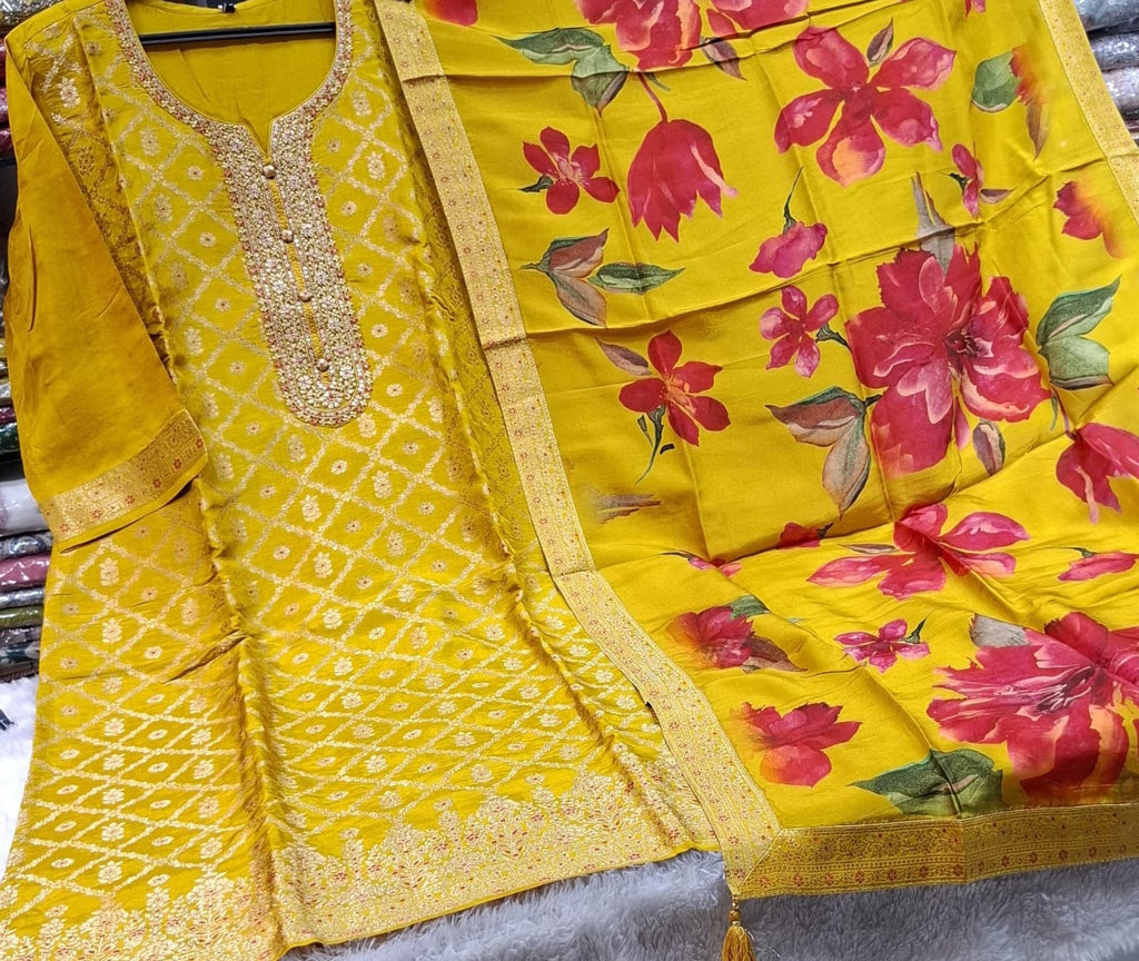YELLOW BANARSI SUIT WITH WORK ON NECKLINE  AND SLEEVES
