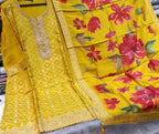 YELLOW BANARSI SUIT WITH WORK ON NECKLINE  AND SLEEVES