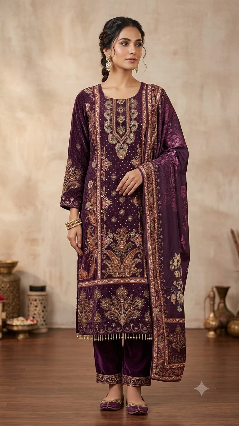 WINE COLOUR  PURE CREPE PRINTED SUIT WITH SEQUENCE WORK ON NECKLINE AND LACE ON HEMLINE