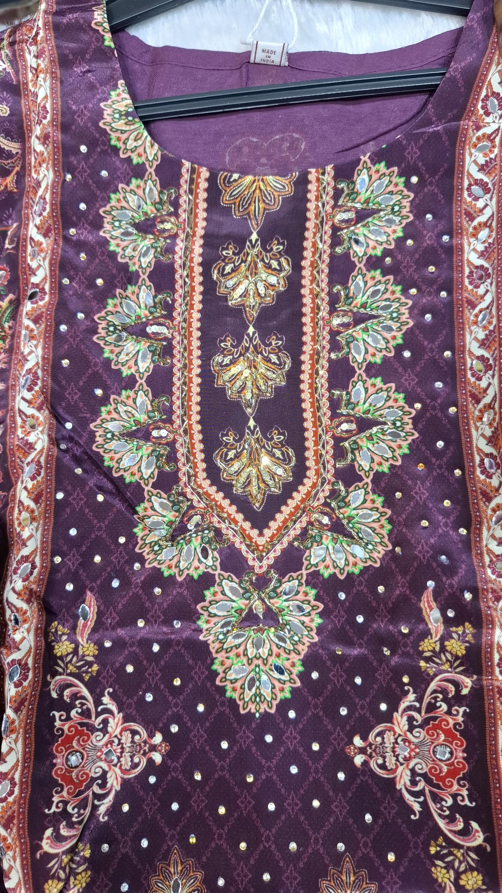 WINE COLOUR  PURE CREPE PRINTED SUIT WITH SEQUENCE WORK ON NECKLINE AND LACE ON HEMLINE