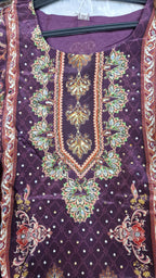 WINE COLOUR  PURE CREPE PRINTED SUIT WITH SEQUENCE WORK ON NECKLINE AND LACE ON HEMLINE